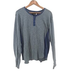 BDG Urban Outfitters Patchwork Henley Shirt Large Blue Grey Thermal Grunge